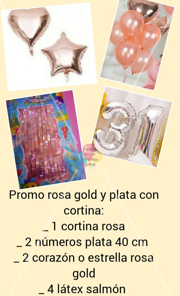 Promo combo globos completo con cortina rosa gold y plata