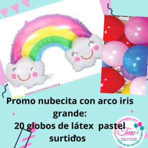 Promo globos nubecita y arco iris grande con 20 globos látex pastel surtido