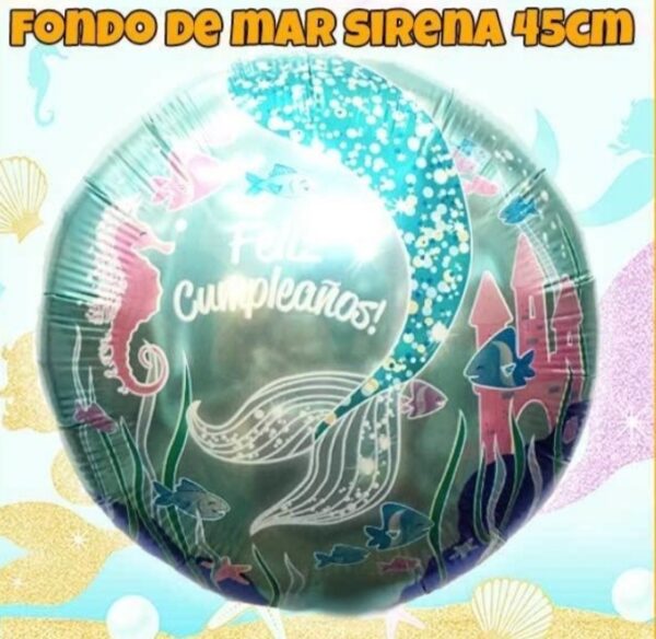 Globo fondo del mar, cola sirena redondo 45 cm
