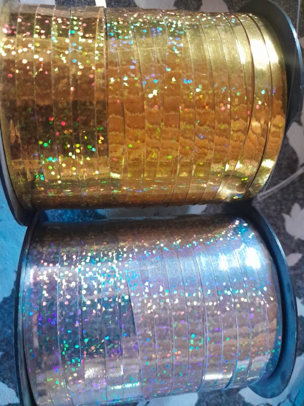Cinta x 10 mts brillos holografica  oro, plata