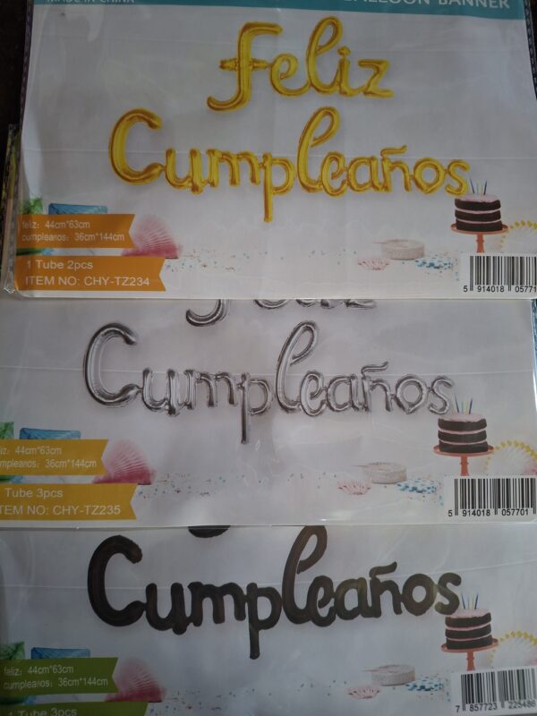 Set globos frase feliz cumpleaños letra cursiva unido