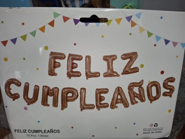 Set globos feliz cumpleaños letra imprenta dorado, plata, rosa gol, azul, negro, arco iris